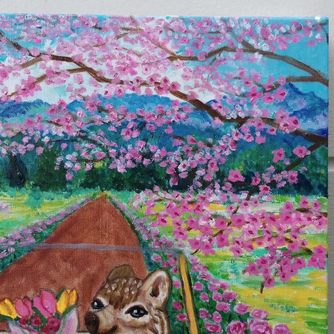 油絵　星野莉莉　ボルボに乗るうり坊とうさぎさんのカップル　バラとさくら