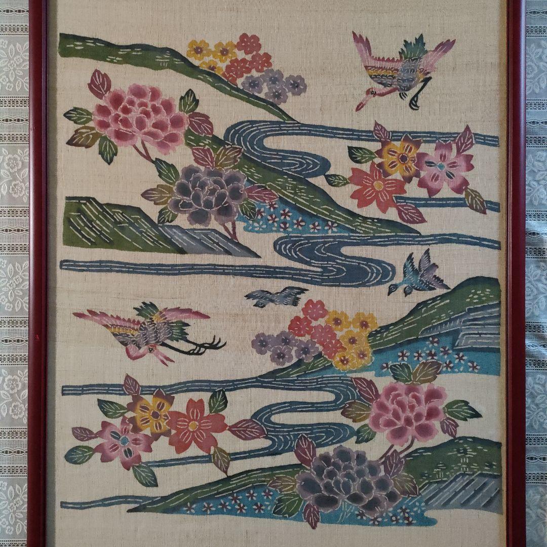 琉球伝統工芸 大判芭蕉布　紅型『恵寿花鳥図』