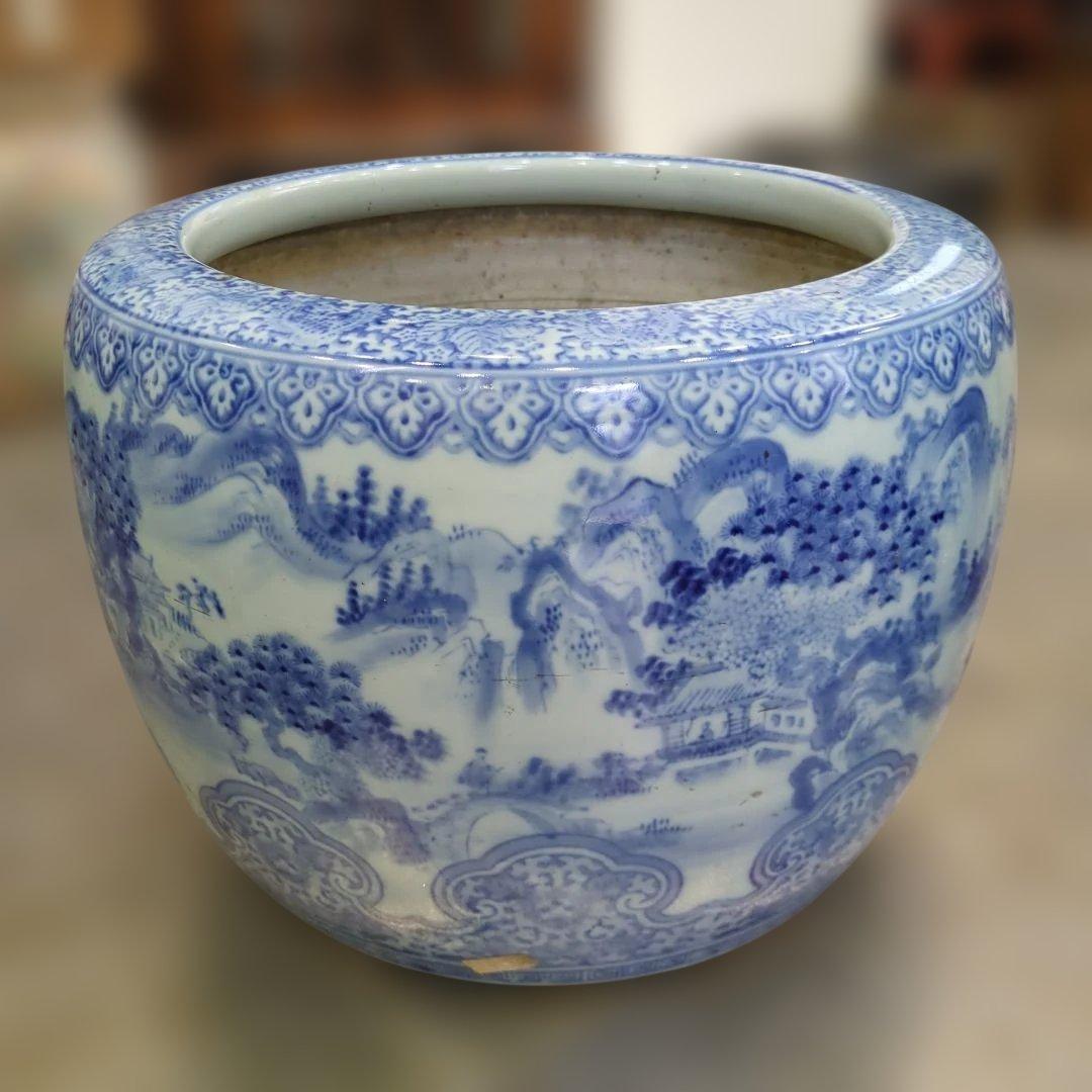 骨董　火鉢　伊万里　染め付け　テーブル　水鉢　金魚　めだか