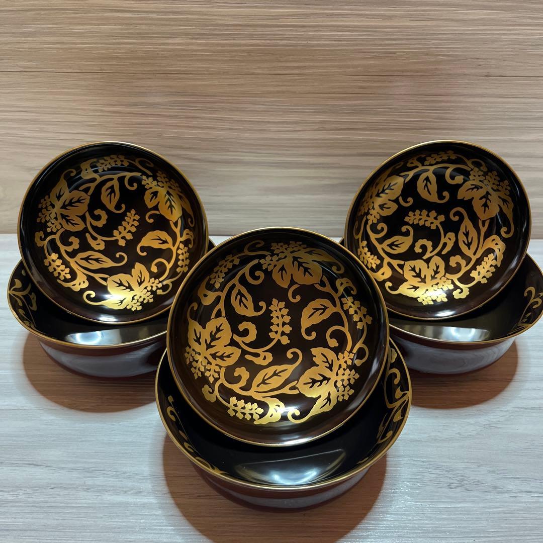 木製漆器 時代輪島塗 菊桐唐草 金蒔絵 溜塗 内黒塗 椀三客 天然木
