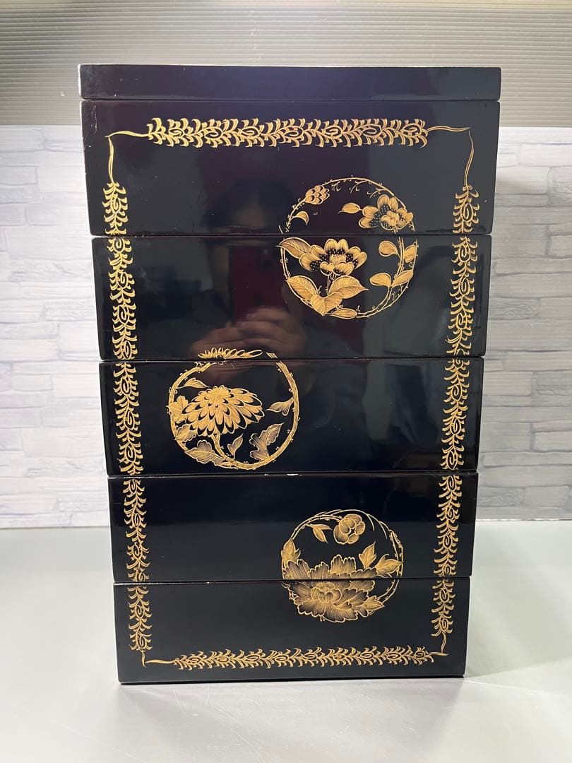 明治三十五年　外黒内朱　沈金蒔絵　五段重箱　木製　大きめ