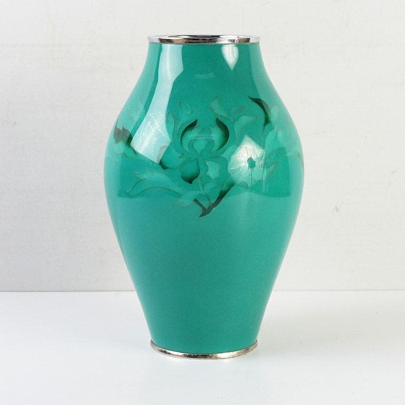 七宝焼　透翡翠釉　花文　花瓶　時代箱　V　9632D