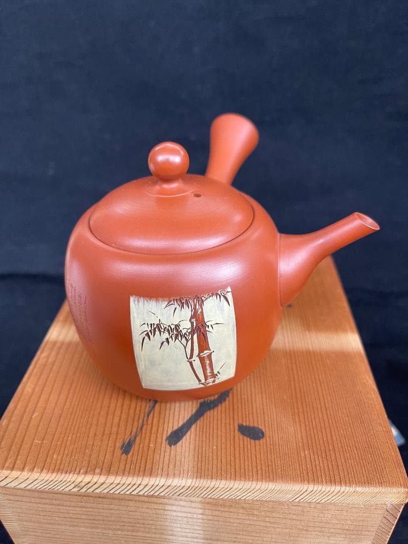 常滑焼　風月作　白道彫り　竹彫り　急須　茶器　煎茶道具