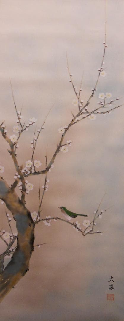 掛け軸 大鳳 梅に鶯 絹本 希少 軸装 茶道具 掛軸 美品 です。