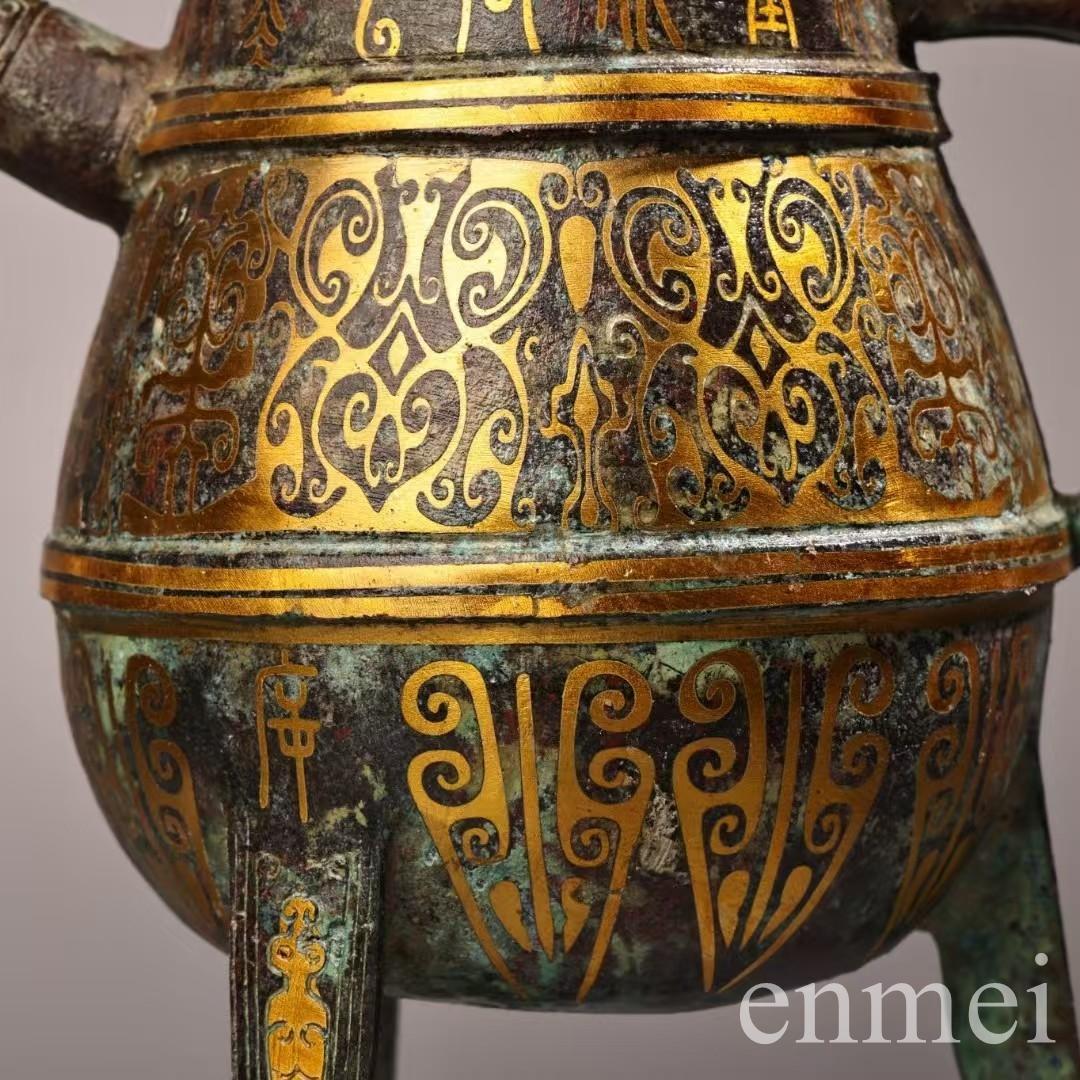 中国古美術・旧蔵搓金装飾付き銘文入り青銅酒壺・青銅・純手作り・高浮彫・置物・酒器