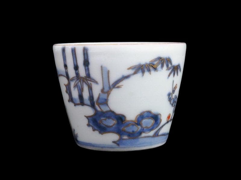 古伊万里　染錦　太湖石に松竹梅の図　蕎麦猪口　C177 AS-CXk