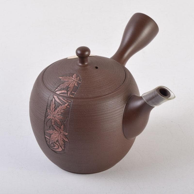 煎茶道具　常滑焼　光松作　朱泥　花草刻　横手急須　V　8655