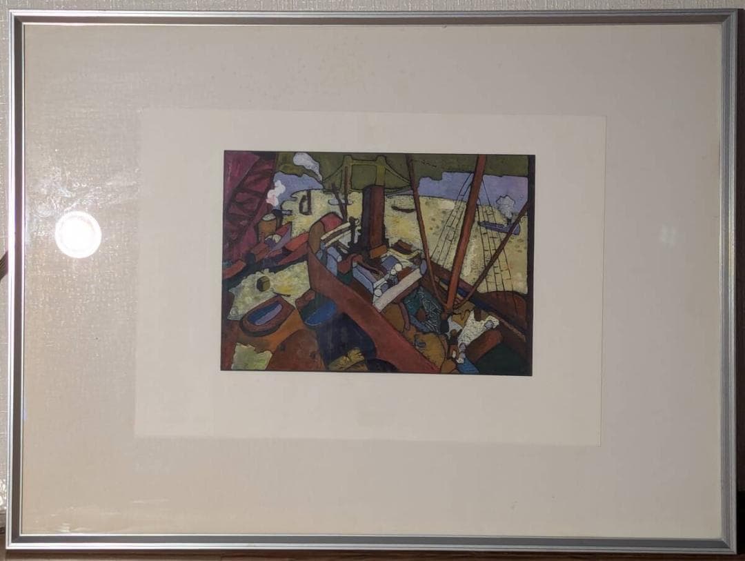 【真作】絵画　技法不明　港の構築　抽象構成と鮮烈な色彩　構成的色彩画　Y5