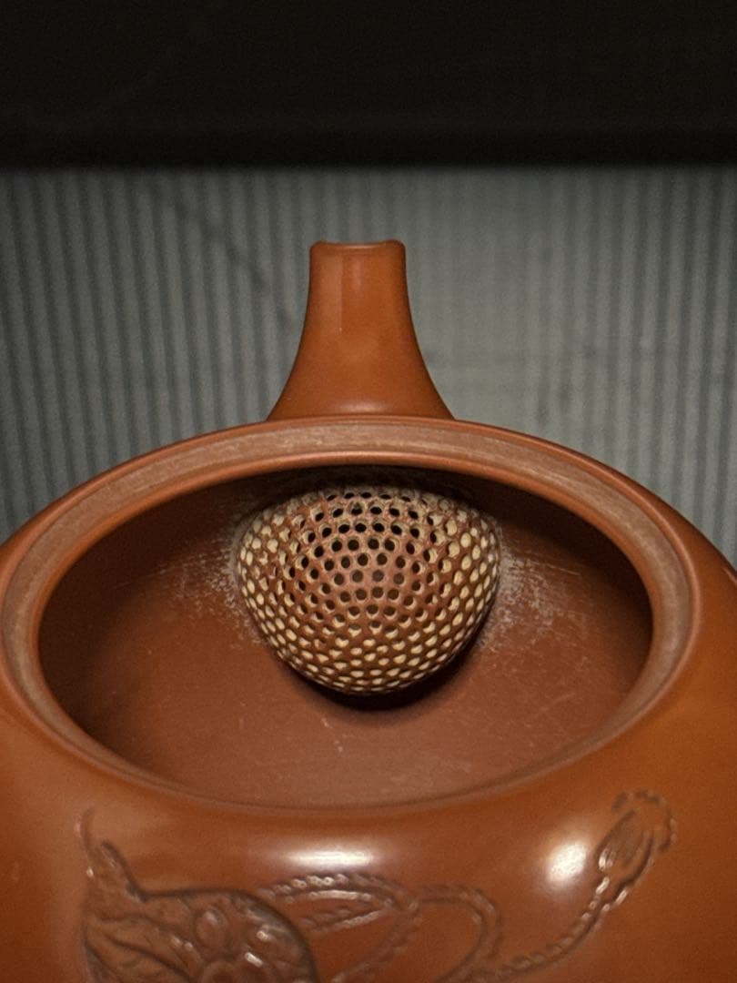 極上 常滑焼 名人 山田宝生 作 細密彫刻瓢図 急須 茶道具