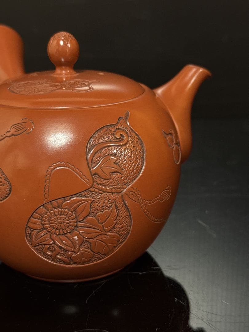 極上 常滑焼 名人 山田宝生 作 細密彫刻瓢図 急須 茶道具