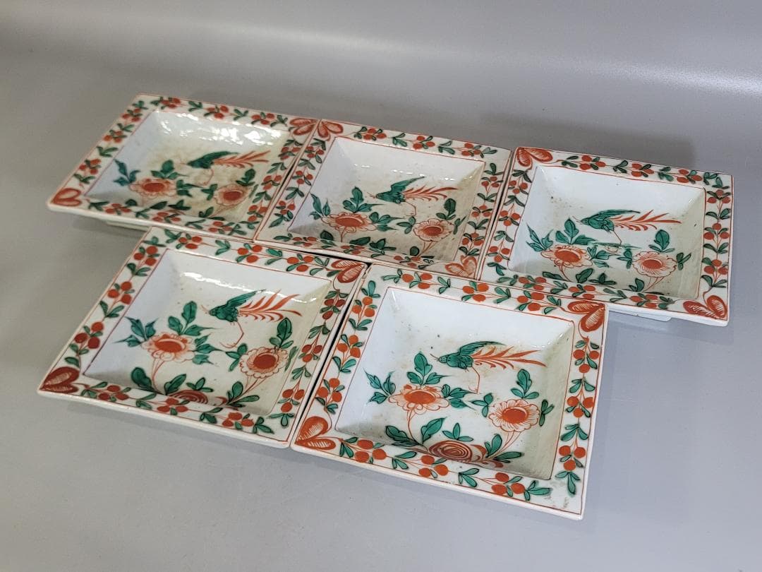 古美術 中国 呉須 赤絵 四角 皿 5個