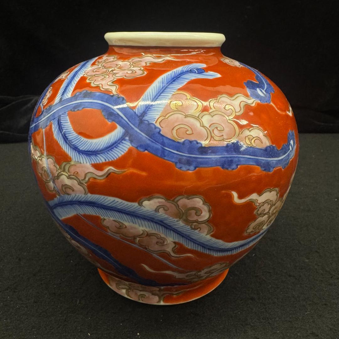 鳳凰外赤 赤釉に染付鳳凰紋花瓶 在銘 有田焼