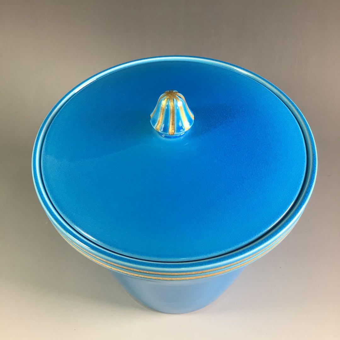 Ｒ６５６　水指　『御室窯造』『浅黄交趾』『末広水指』　共箱　茶道具