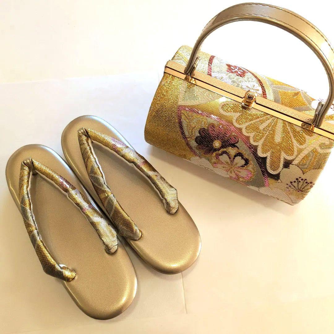 草履とバッグのセット 金色花柄
