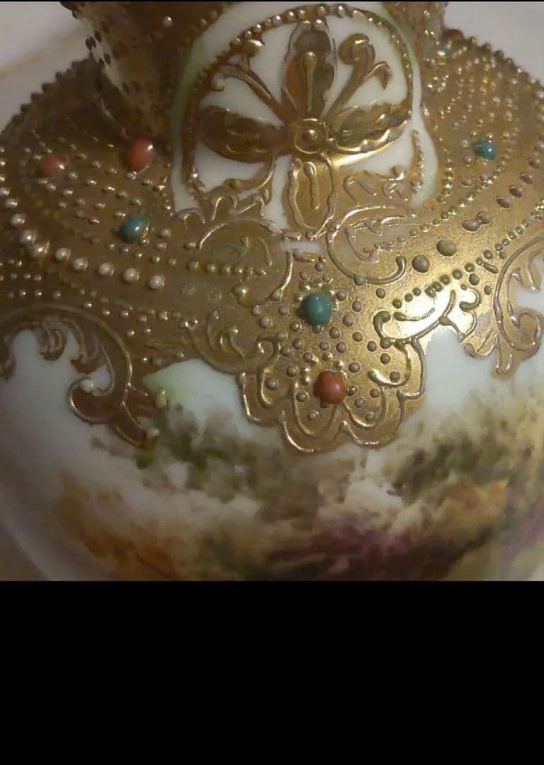 オールドノリタケ 金彩 メイプルリーフ エナメルビジューの美しい風景絵花