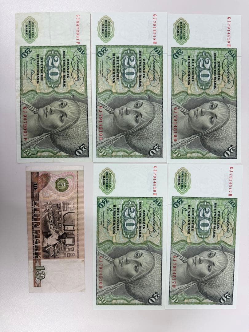1980年　ドイツ 紙幣20マルク　5枚　1971年10マルク1枚