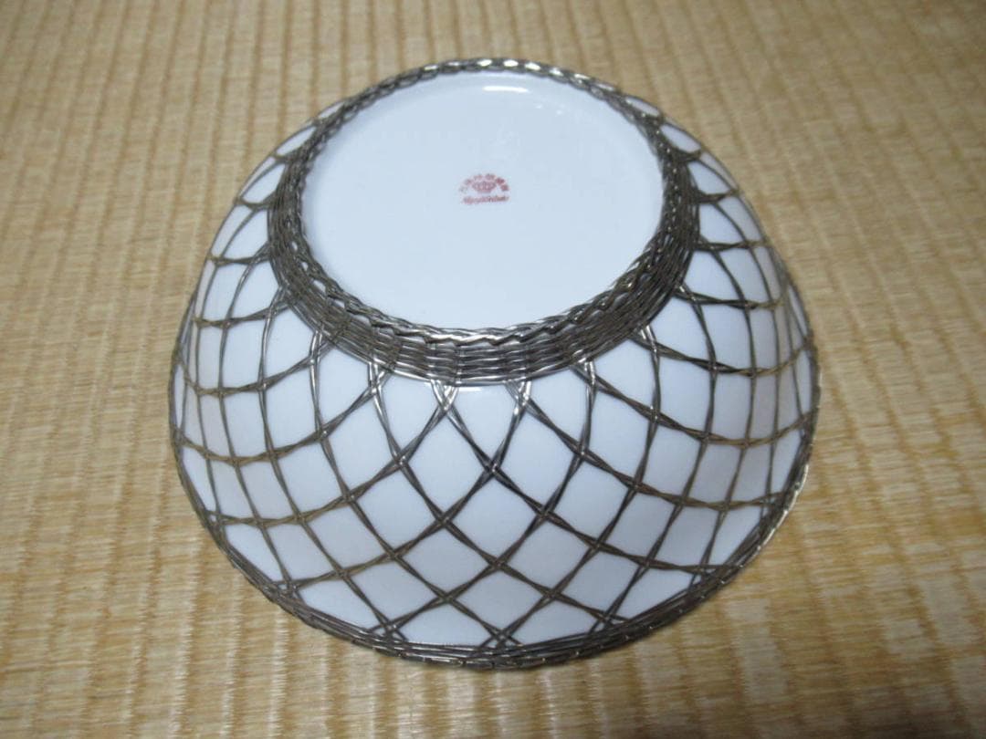 ◆美品 昭和初期◆名古屋製陶 名陶硬質陶器 リンゴ果物絵 金属編み手持ち付き大鉢