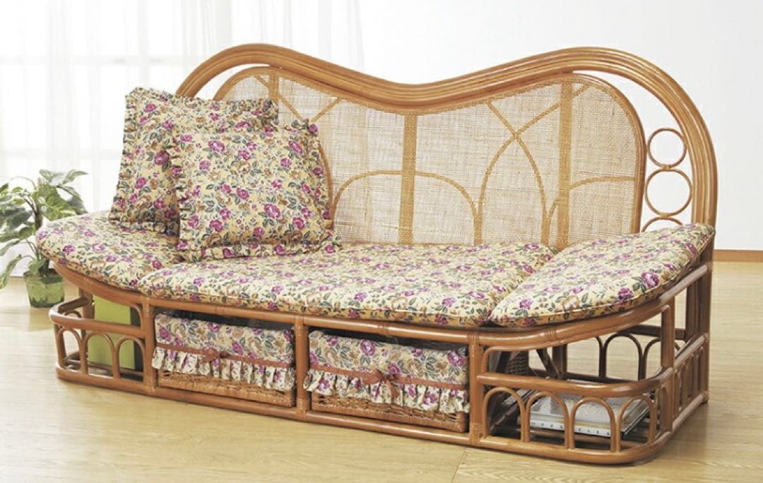 美品 ラタン ソファ ハイバックカウチ 幅120cm 昭和レトロ クッション付き