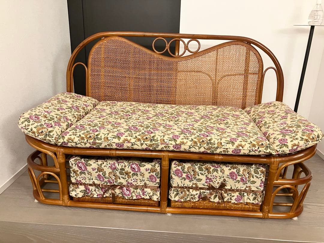 美品 ラタン ソファ ハイバックカウチ 幅120cm 昭和レトロ クッション付き