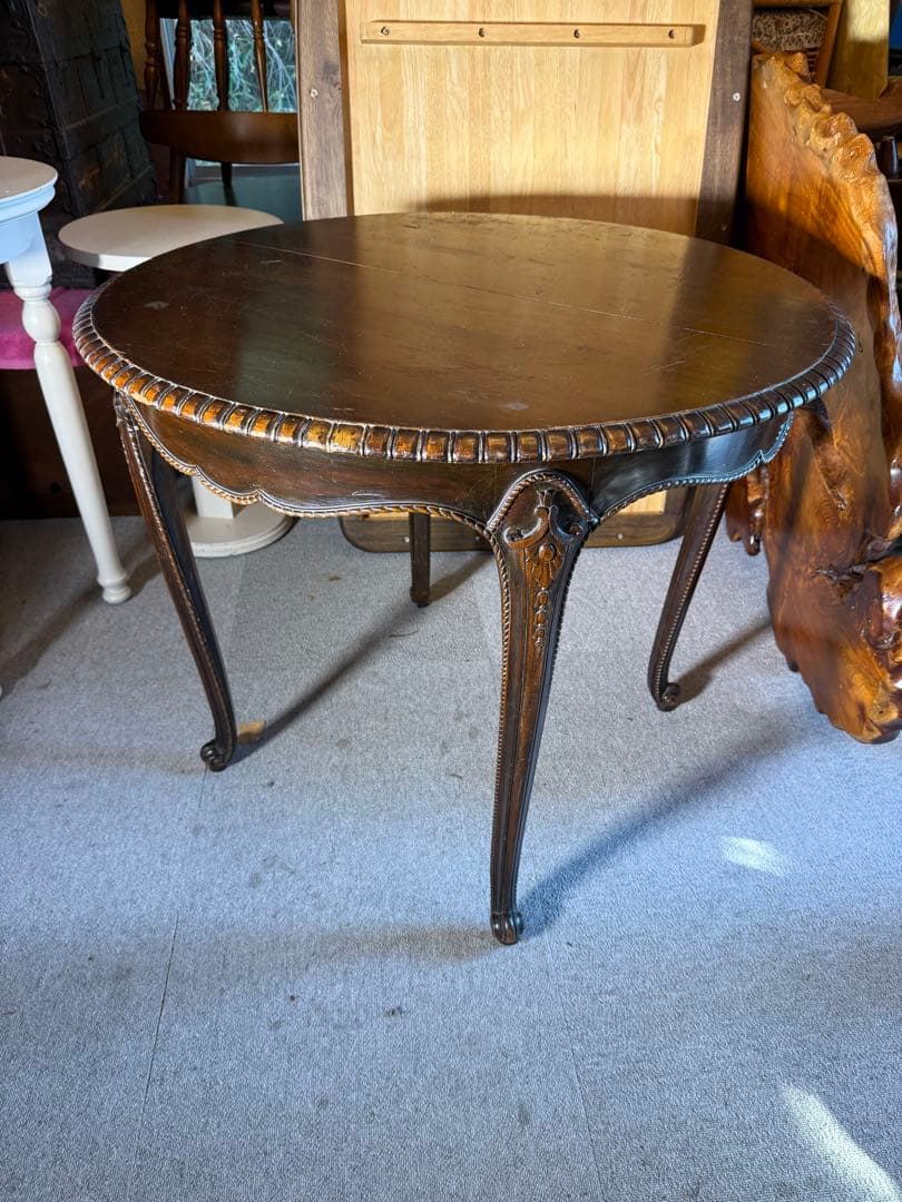 アンティーク 彫刻サロンテーブル 補強安定仕様 ロココ猫脚 直径90cm レトロ