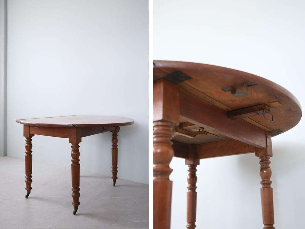 フランスアンティーク木製ドロップリーフテーブル/折畳式机バタフライ(90-186