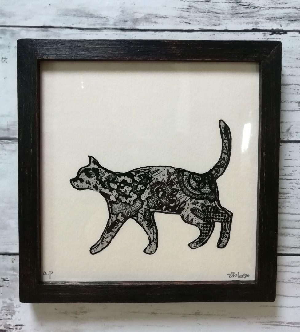 手作り額付き銅版画作品　title「たび猫」「たち猫」「日は登る猫」3枚セット」