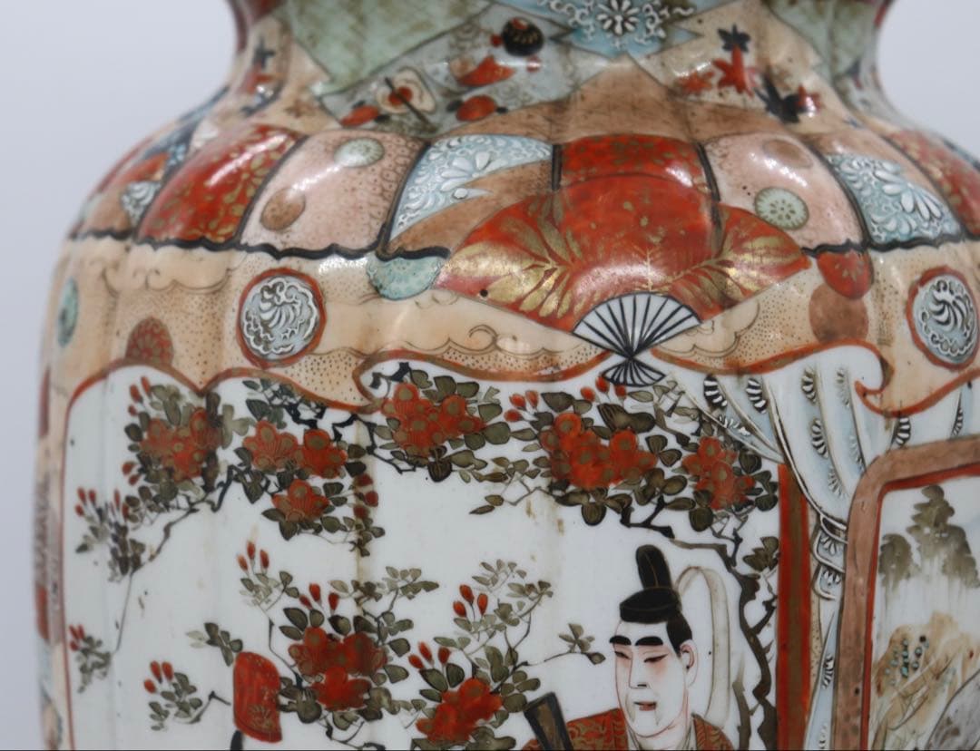 江戸　加賀国九谷造　赤絵灯籠型瓶　人物紋　高さ約35cm 送料込み250723