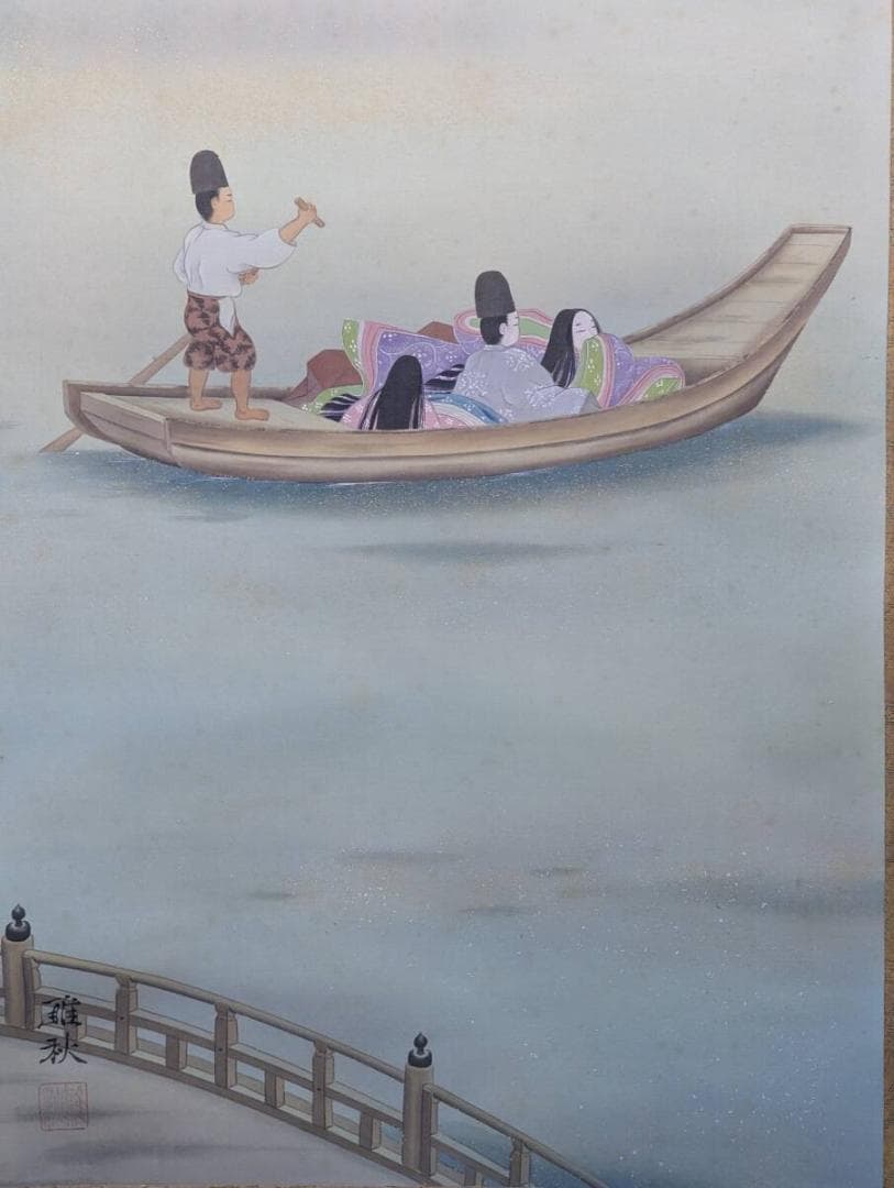 【真作】掛軸　舟遊図　王朝の雅を描いた優雅な一幅　春の情景　共箱入　T39