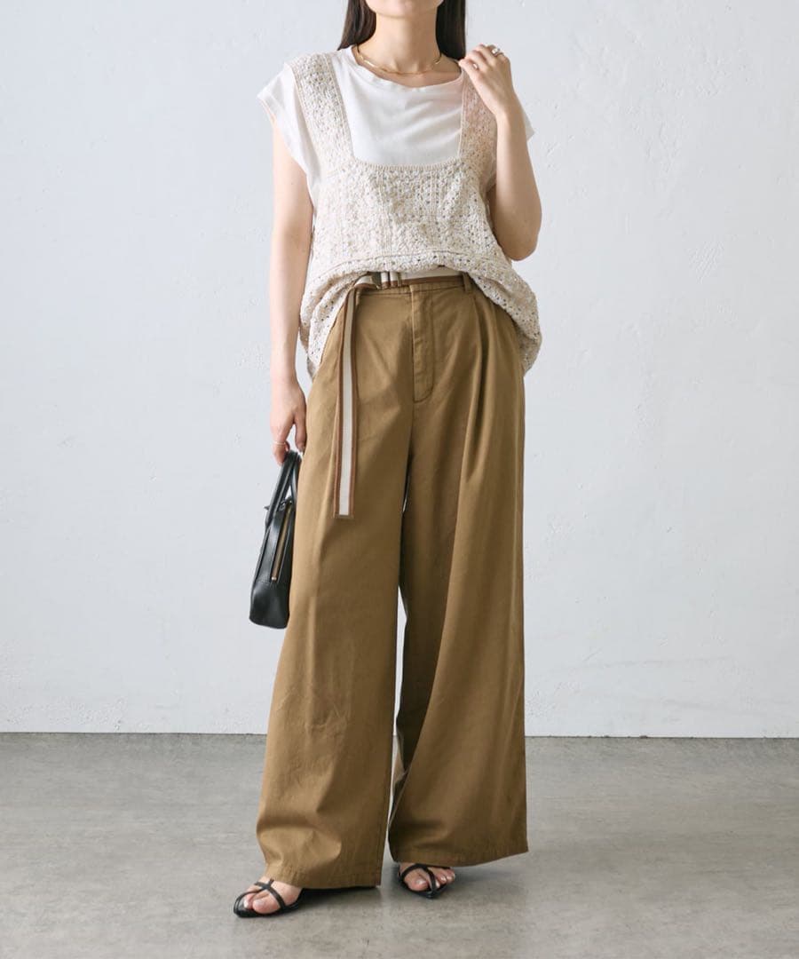 ピュアルセシン　ブラウン ワイドパンツ ベルト付き チノ素材