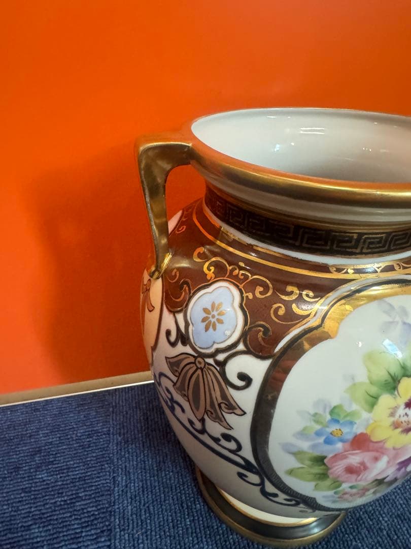 1842 オールドノリタケ　双耳花紋花瓶  時代物