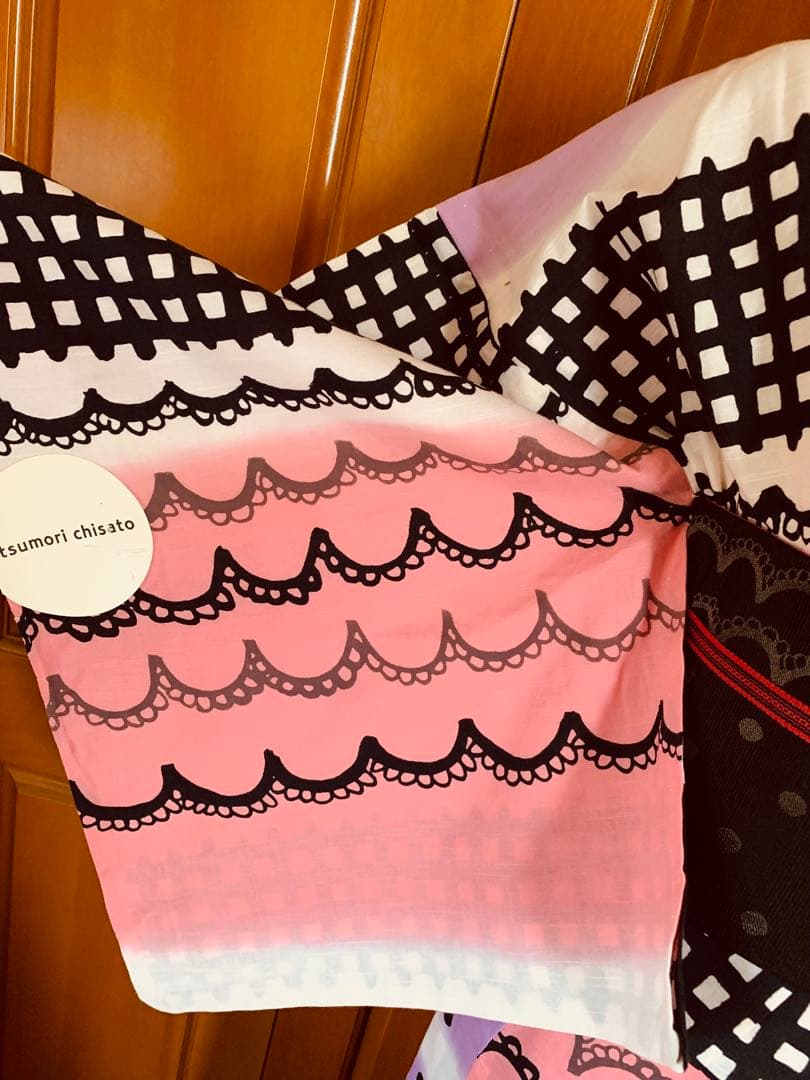 ツモリチサト　レースとチェック柄の浴衣とリバーシブル半幅帯　帯飾り紐もオマケ