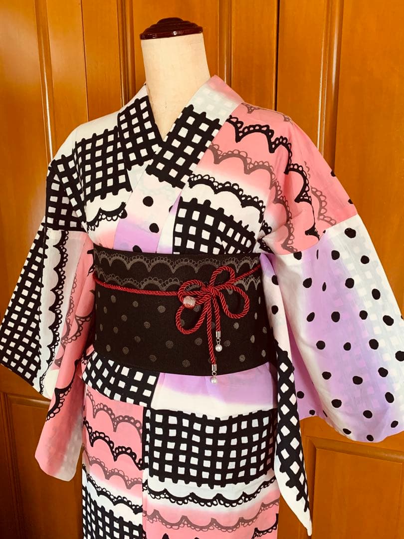 ツモリチサト　レースとチェック柄の浴衣とリバーシブル半幅帯　帯飾り紐もオマケ