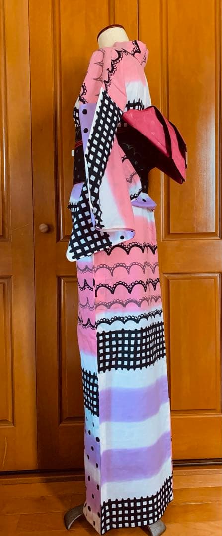 ツモリチサト　レースとチェック柄の浴衣とリバーシブル半幅帯　帯飾り紐もオマケ