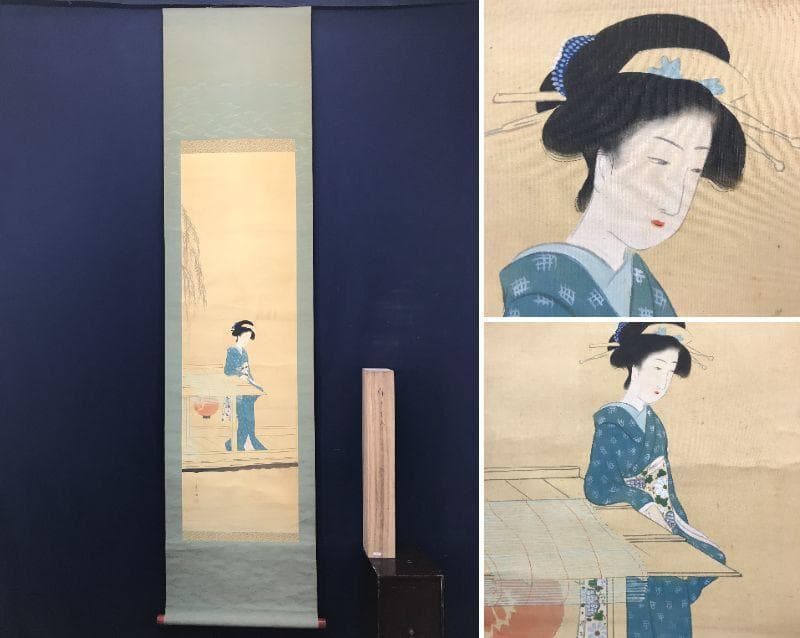 【真作】蕉圃/舟中美人図/美人画/掛軸/名家伝来/AC-175