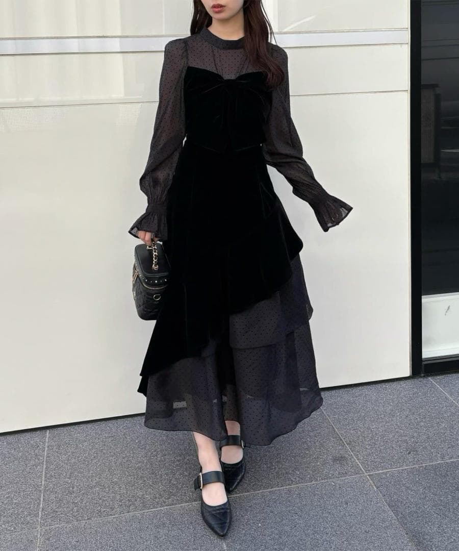 新品 NICE CLAUP オケージョン ベロアリボン異素材ロングワンピース