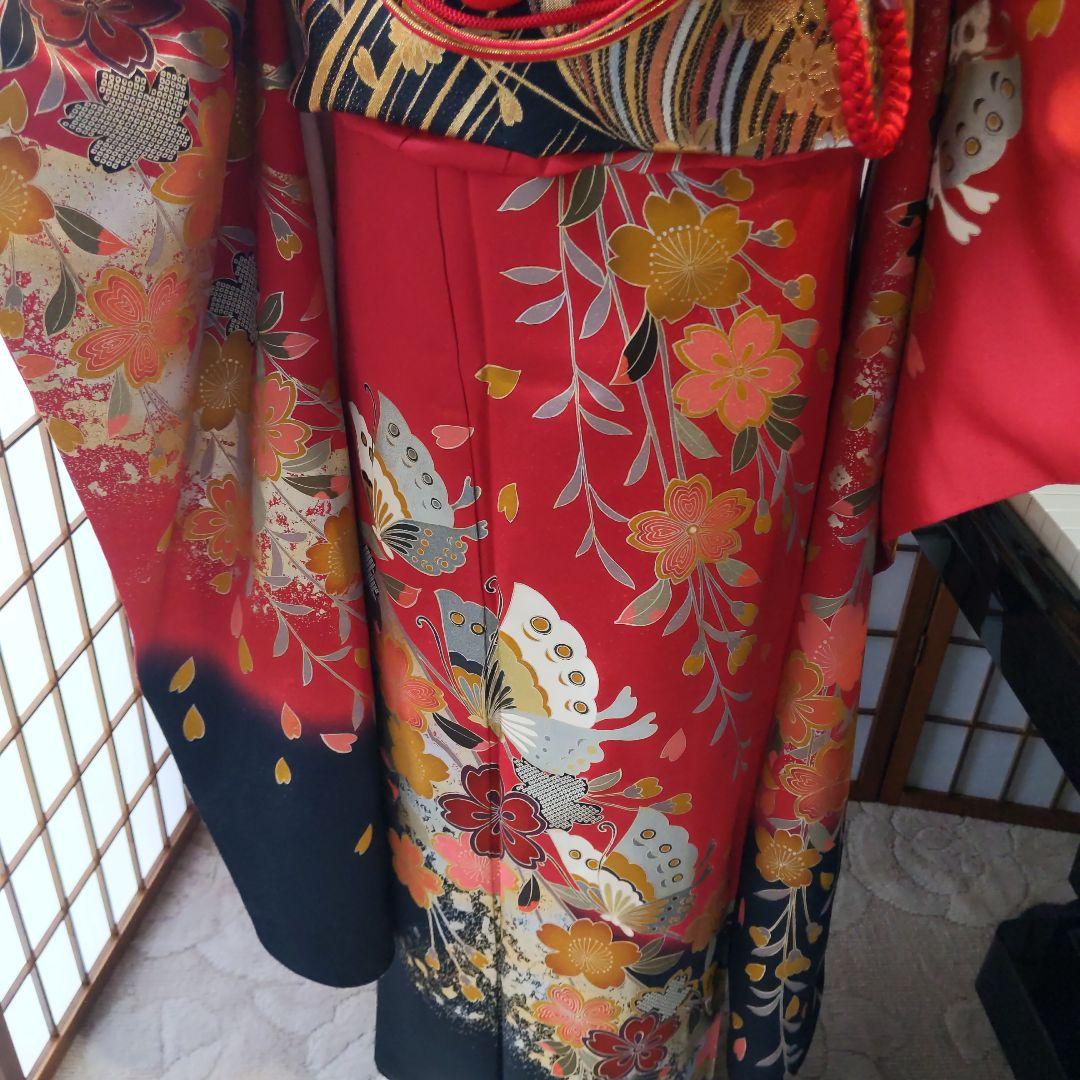 404赤黒　舞蝶　正絹振袖6点フルセット　成人式卒業式晴れの日コンサート式典