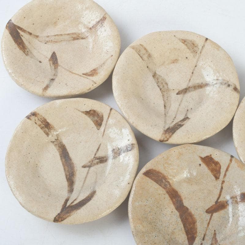 北大路魯山人作　絵瀬戸　竹文　皿　五客　黒田陶々庵書付　共箱　D　9674