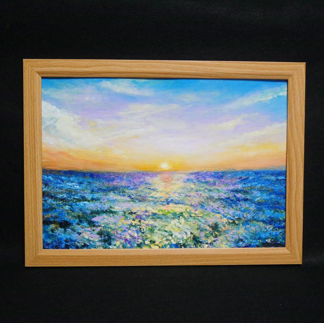 油絵 油彩 油彩画 絵 絵画【夕日に輝くネモフィラ】