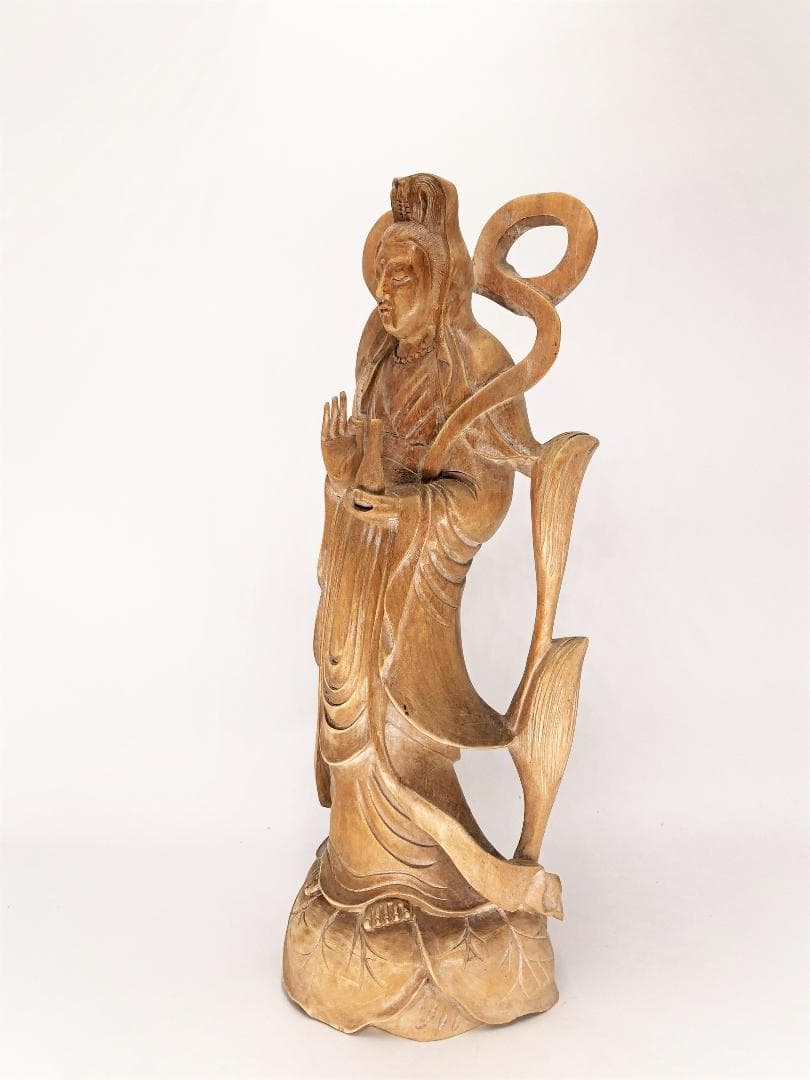 【 木彫羽衣観音 】　柘植36.5ｃｍ　アンティーク
