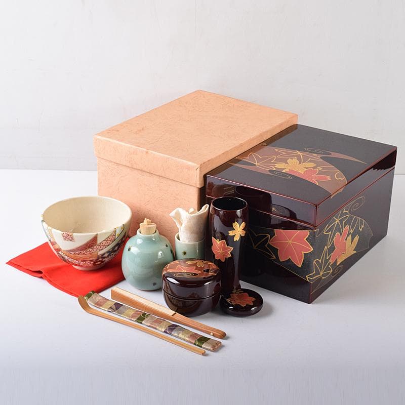 茶道具　利休茶箱　京焼　川添寿楽造　茶碗　飛青磁振出など　九点一式　VR8704