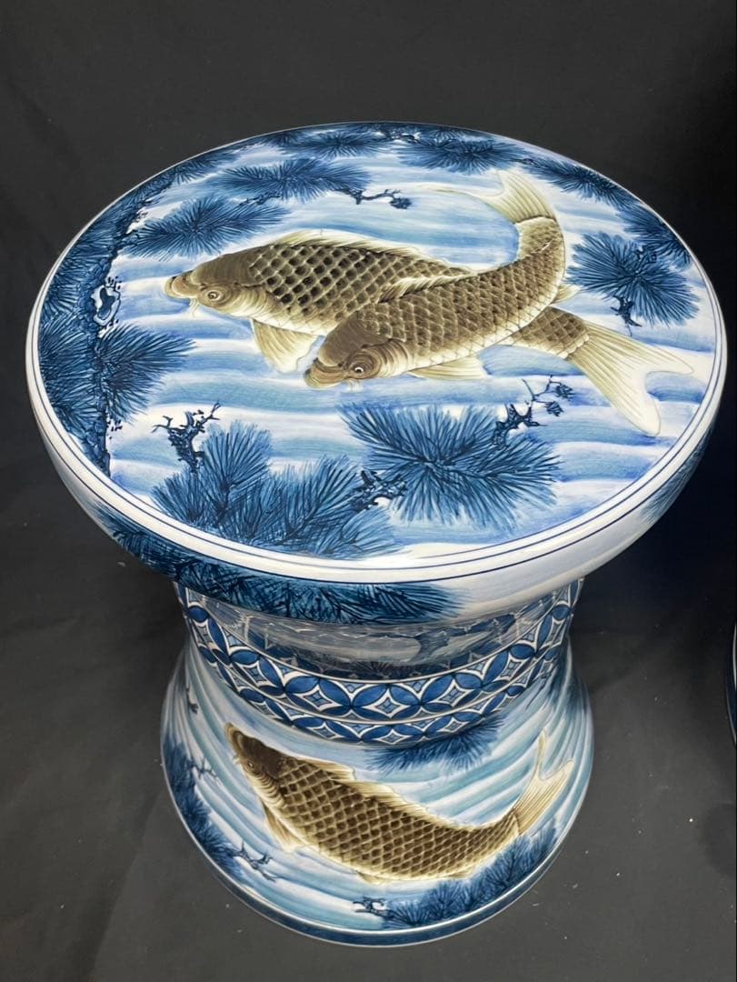 超希少 極上 有田焼 手描き 遊鯉紋 テーブル スツール 椅子 机