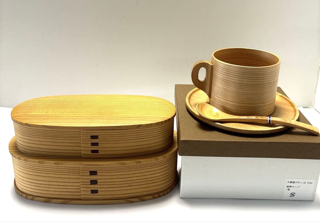 日本製 大館曲げわっぱ やぐら弁当 二段　と　曲物カップ　スプーン付セット未使用
