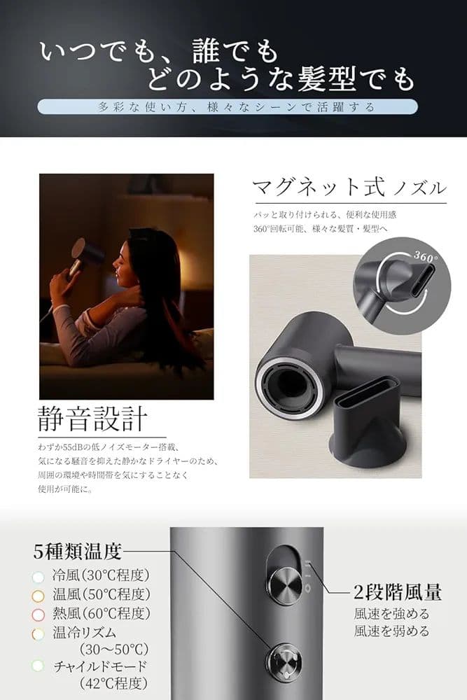 NISSYO ドライヤー 速乾 大風量 マイナスイオン 美髪 ノズル付 グレー