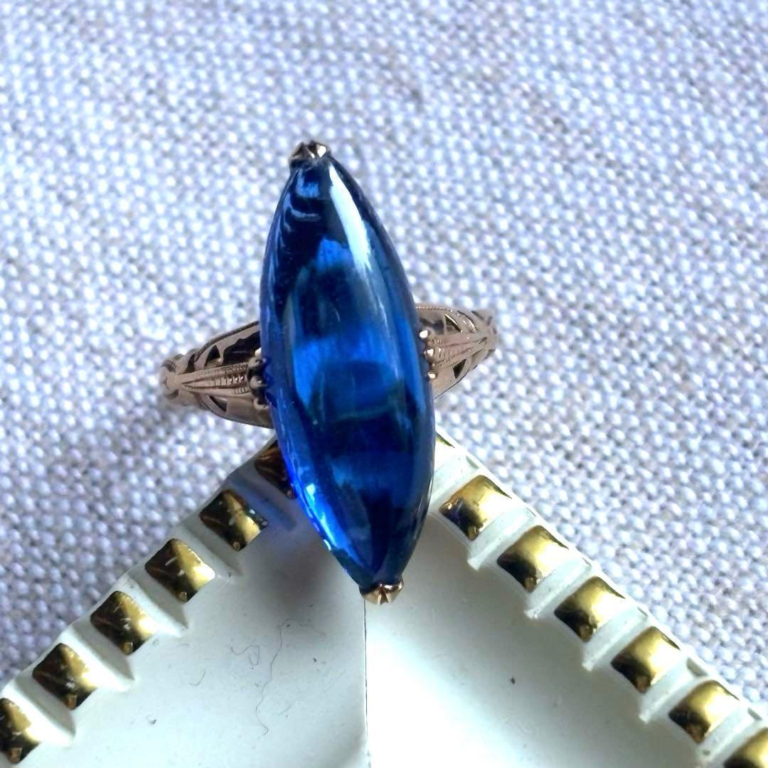 大幅値下げ K18 ゴールド 王冠透かし ブルー カボション リング 指輪