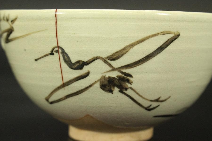 茶道具 竹泉造 鶴絵茶碗 共箱 時代物(LC776)