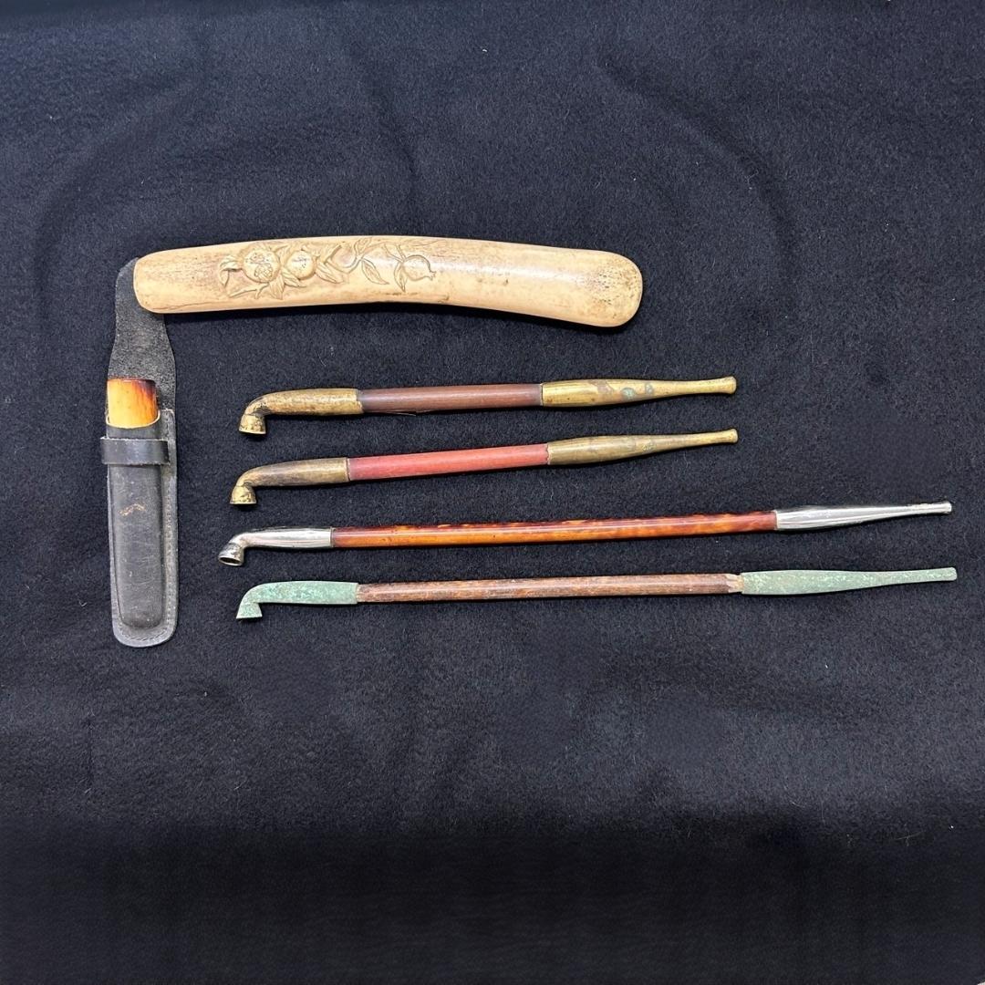 アンティーク 煙管 キセルセット 骨彫刻 革ケース 真鍮製 レトロ 喫煙具