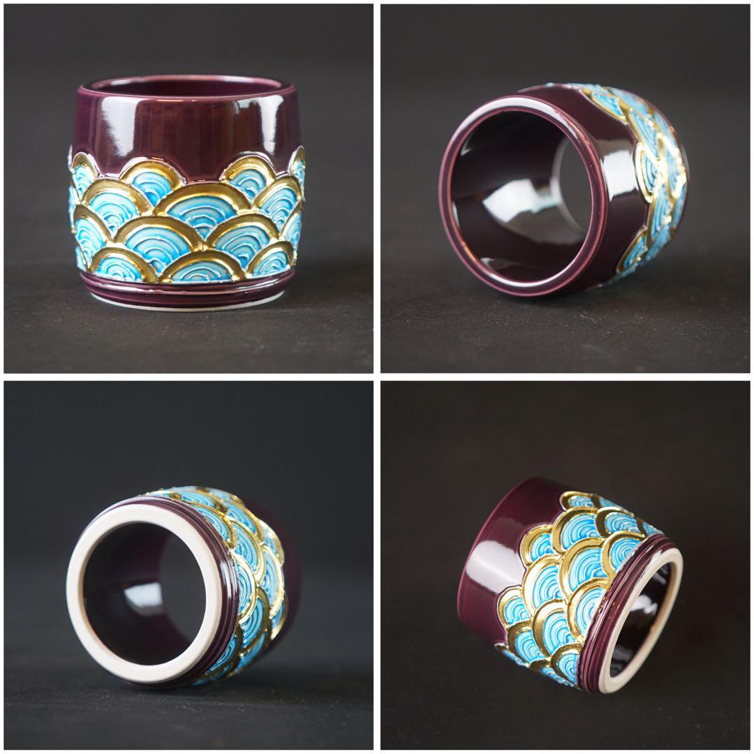 新品同様 美品 勝見永泉 作 紫交趾 青海波 皆具 共箱 共布 茶道具