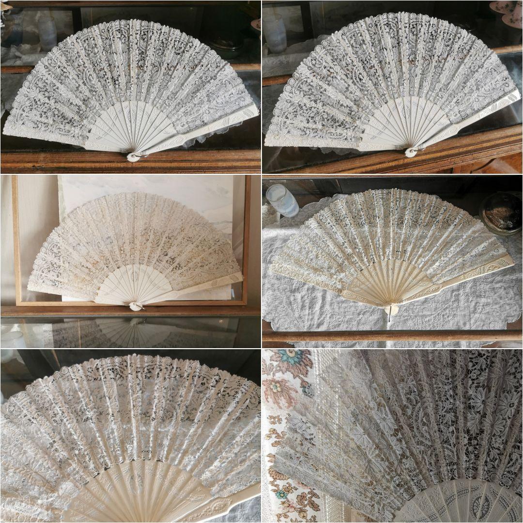 アンティークブリュッセルボビンレーファン 繊細透かしスティック 美しいトーン