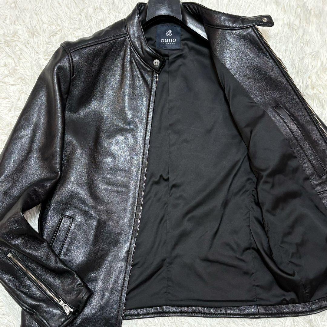未使用級 ナノユニバース ラムレザー シングルライダースジャケット 黒