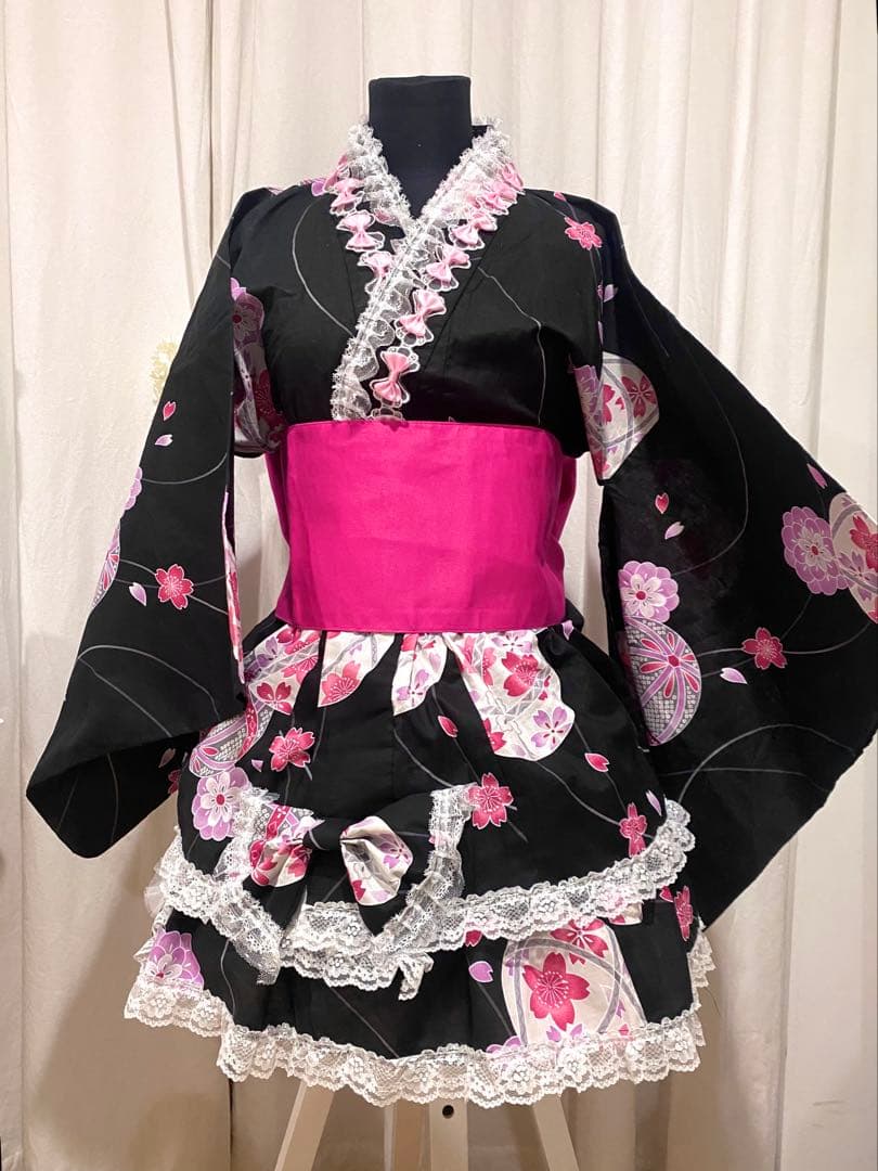 浴衣ドレスピンク黒地雷量産型ロリィタ値下げ可